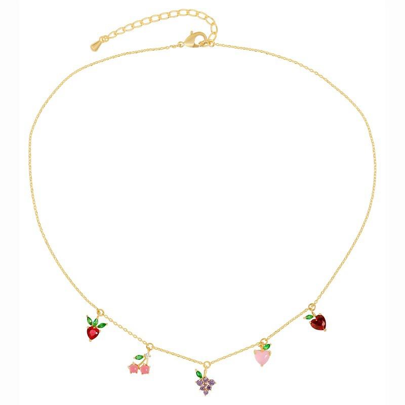 Colorful Zircon Fruit Pendant Necklace Women Cherry Peach Locket Chain Sweet Style Cherry Pendant - Large