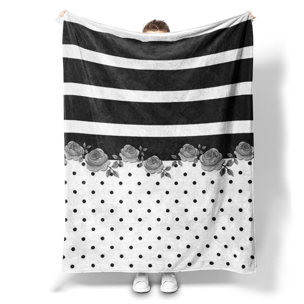 Black White Stripe Rose Print Flannel Throw Blanket – Minimalist Gift for Home Office Sofa Car 130x150cm51x59in