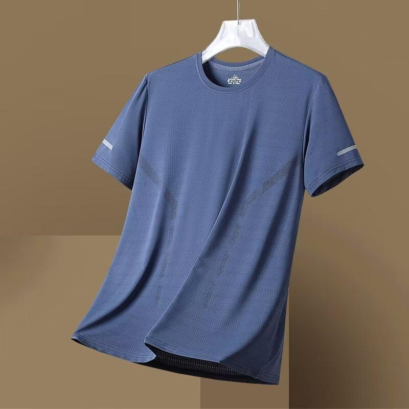 Summer Ice Silk T-Shirt Men'S Round Neck Solid Color Quick-Drying Clothes Short Sleeves, Men'S Sports Loose Thin Breathable Half-Sleeved T-Shirt