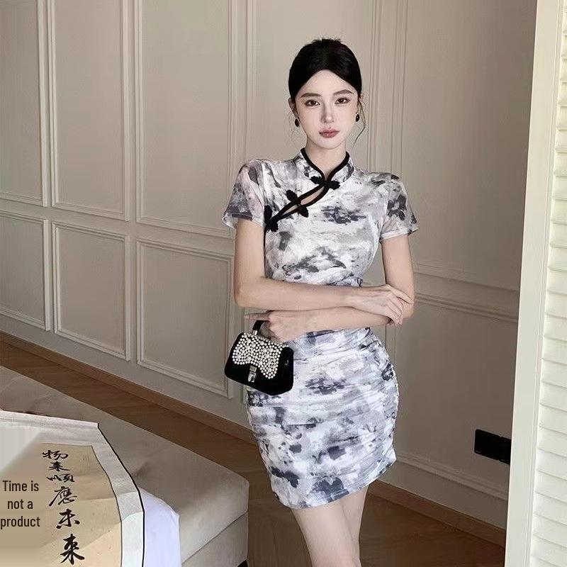 Retro Batik Graffiti Cheongsam Kleid mit Froschknöpfen - Damen Sommer Schlanke Taille Kurzer Rock