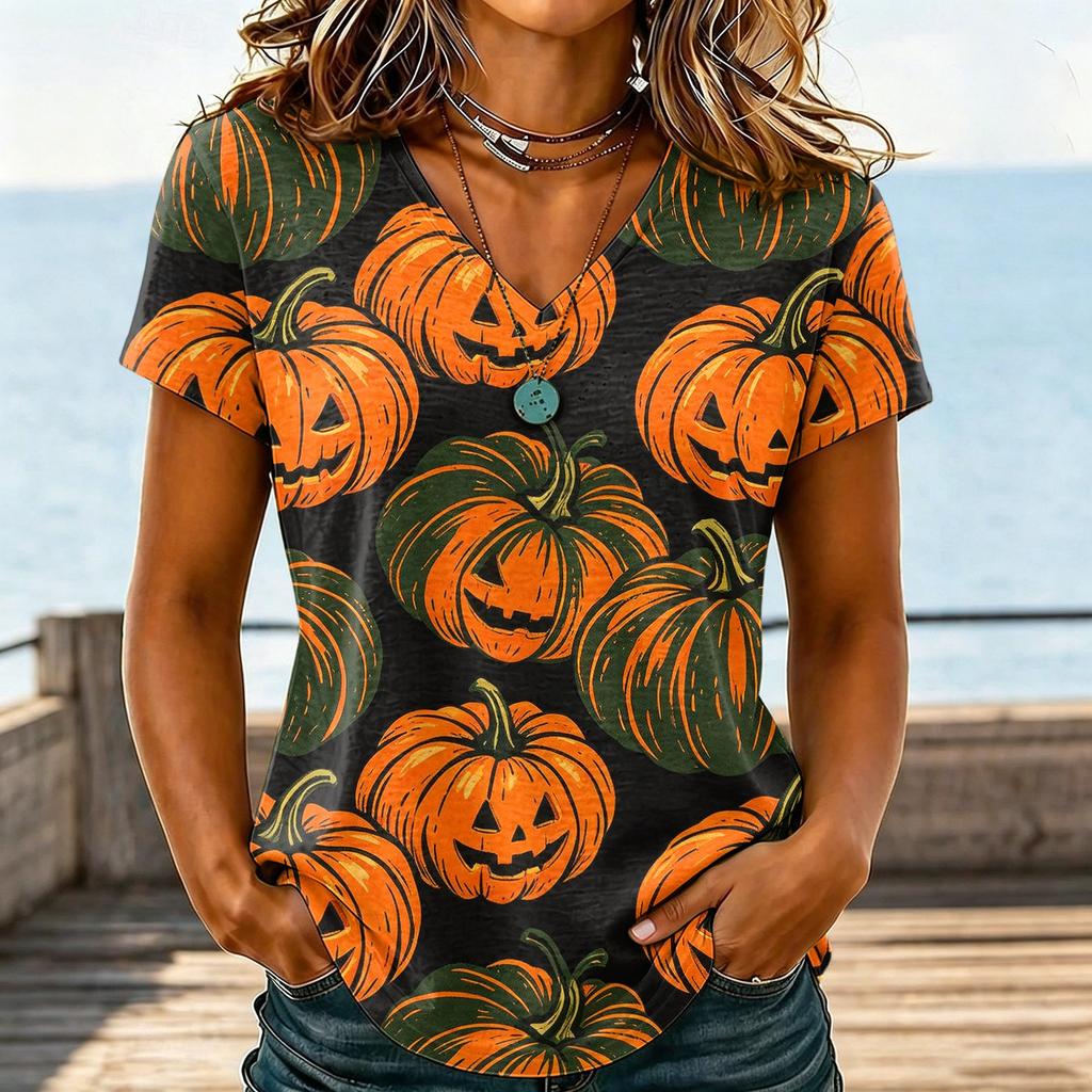 Women's Casual V-Neck Halloween Printed T-Shirt for Party Costume
