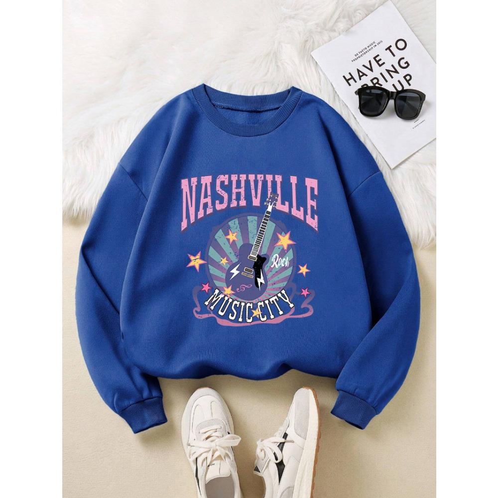 Street Damen Pullover Nashville Music Cith Poster Druck Hoodie Rundhals Locker Weiches Sweatshirt Herbst Damenkleidung