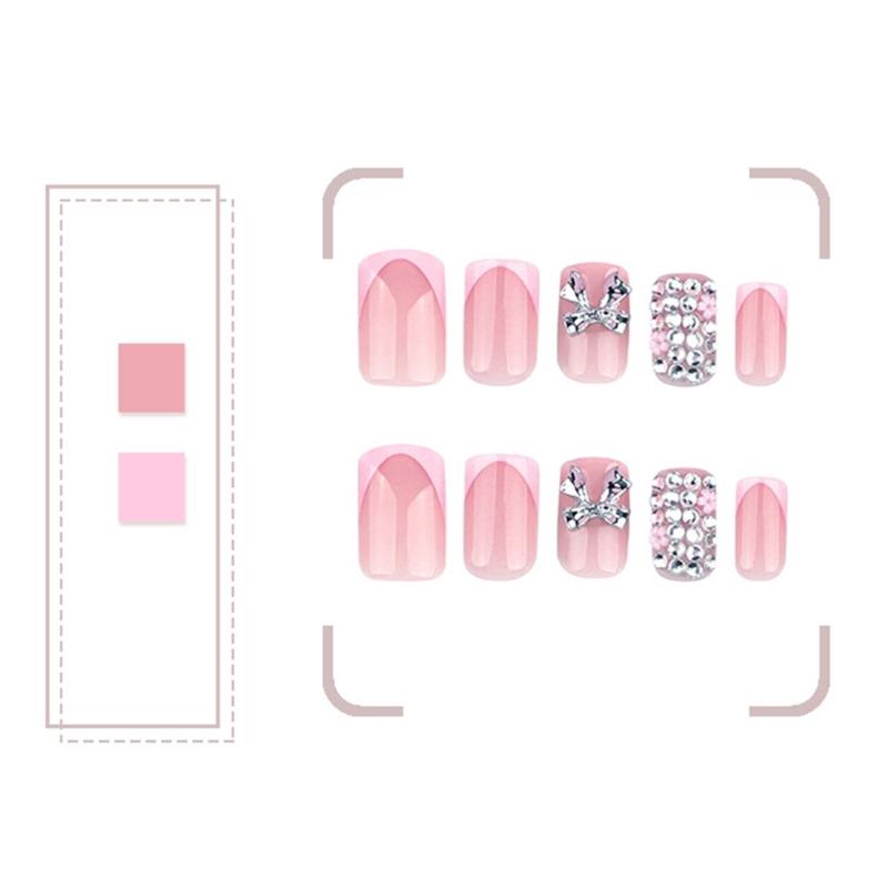 24 Stück Kurze Press-on-Nägel Künstliche Nägel Mit 3D-Schleifen-Charms Designs Acryl Französische Aufklebe-Nägel Maniküre Nagelkunst