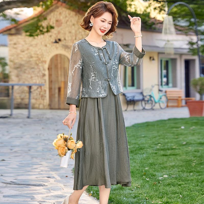 Elegant Spring Dress Suit: High-End Chinese Style Two-Piece Jacket and Skirt for Middle-Aged Women