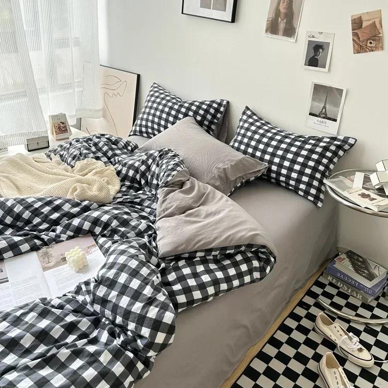 3/4PCS Striped Plaid Duvet Cover Set with Sheet 2Pillowcases Soft Skin Friendly No Filling Warm Twin Full Queen Size Bedding Set