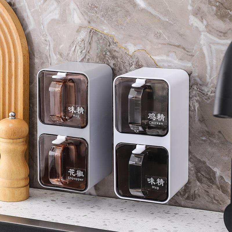 Wall-mounted Seasoning Box Spice Rack Sugar Bowl Salt Shaker Seasoning Container Spice Box With Spoons Kitchen Storage Organizer