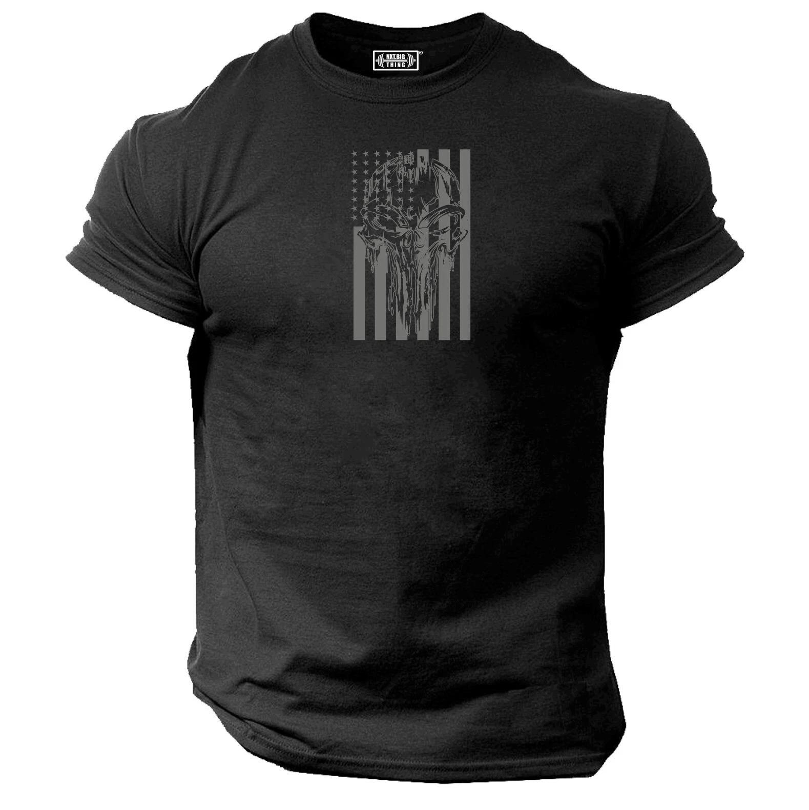 US Flag Skull T Shirt Gym Clothing Bodybuilding Training Workout Boxing MMA Top XL