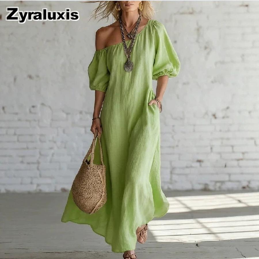 Abito Maxi alla Moda Stile Vacanza Monospalla in Lino con Maniche a Bolla Vestibilità Larga Snellente per Donna