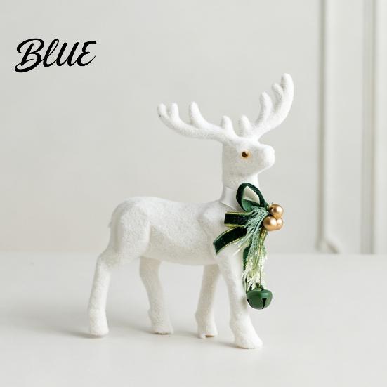 Durable Christmas Party Supplies White Flocked Elk Ornament Ribbon Bell Decor 3D Standing Deer Small Festive Displays for Shops Figurine Decorative