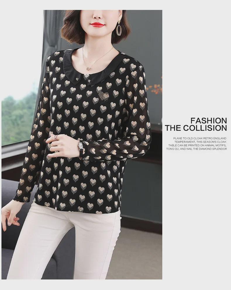 Spring 2023 Printed Collared Tops for Women - Long Sleeve, Plus Size, Middle-Aged Mom's T-Shirts