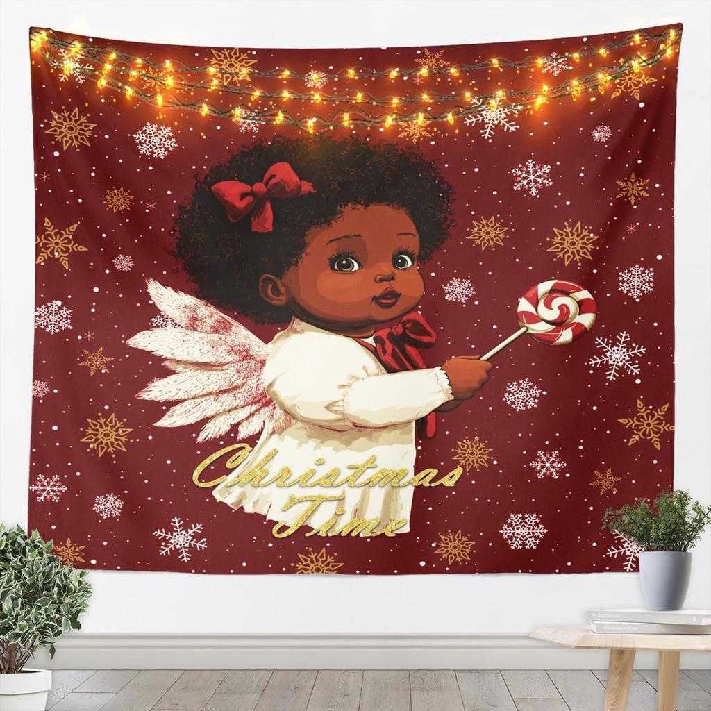 Black Santa Claus Tapestry Afro African American Wall Art Merry Christmas Wall Hanging Blanket for Living Room Bedroom Home