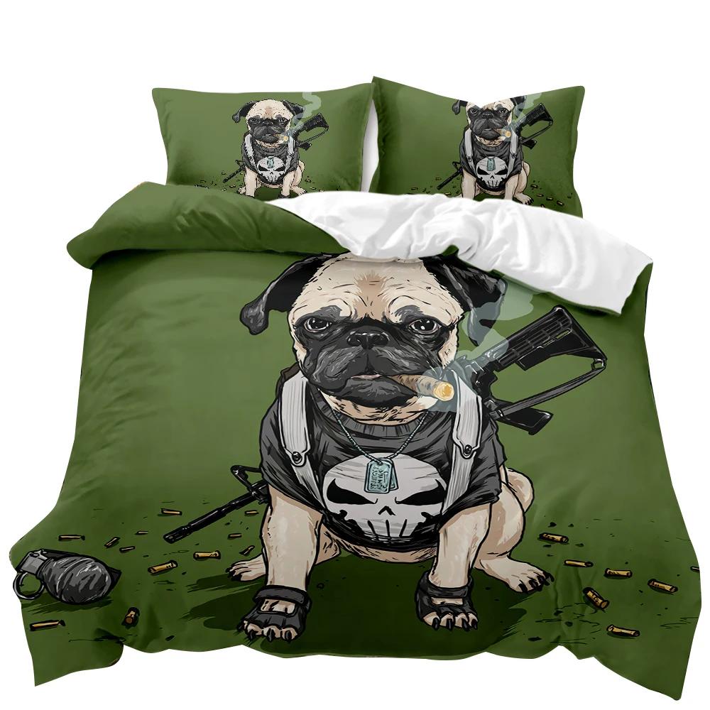 Dog Duvet Cover Set Lovely Pug Dog With Gun Bedding Set For Kids Teens Cartoon Pet Double Queen King Size Polyester Quilt Cover