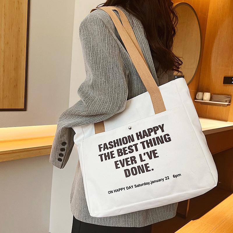Fashionable Canvas Tote Bag For Students Stylish Large Capacity Shoulder Bag In Black White Or Khaki
