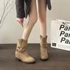 New Western medium women's boots stacking boots thick heel short boots pleated fashion belt buckle short tube and versatile black