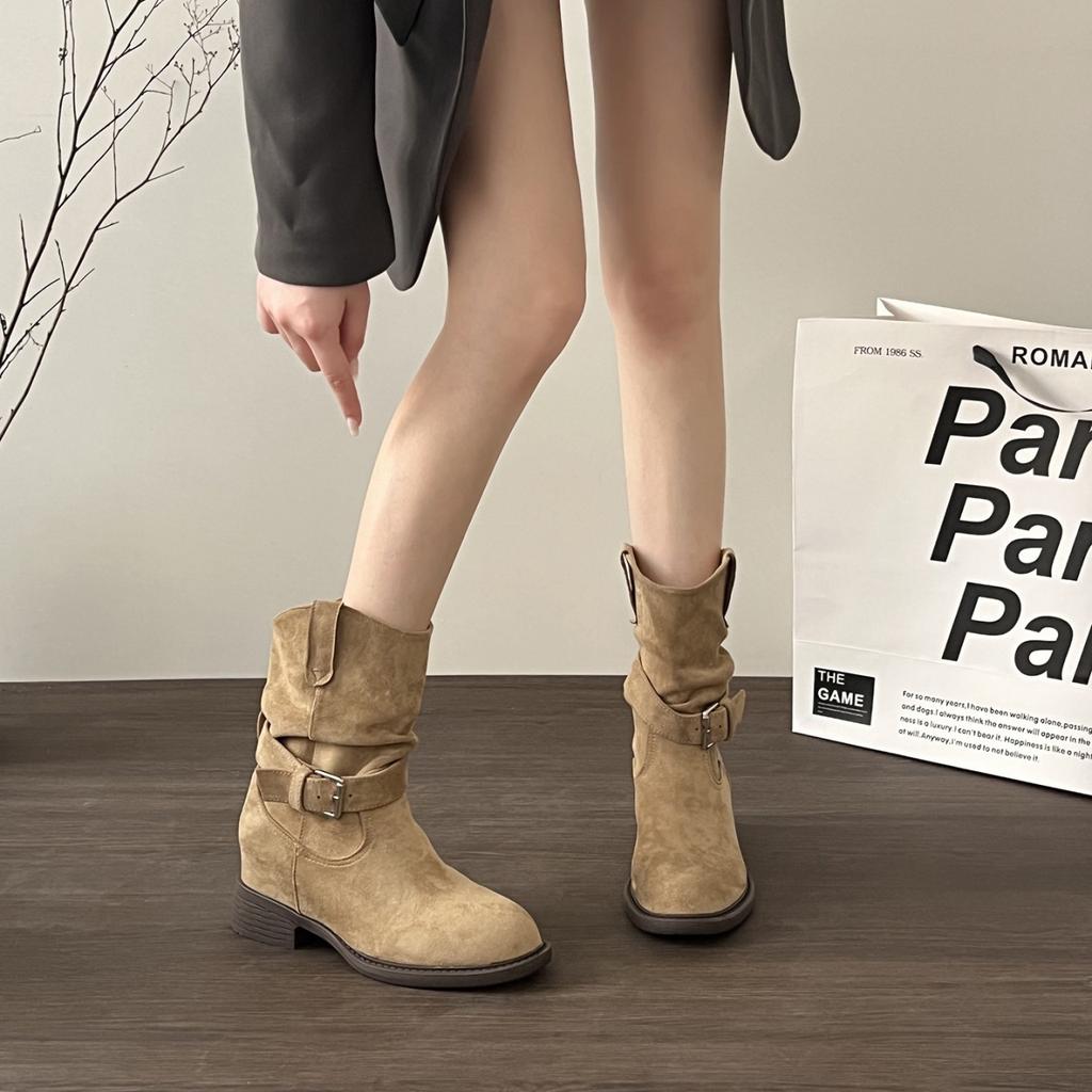 New Western medium women's boots stacking boots thick heel short boots pleated fashion belt buckle short tube and versatile black