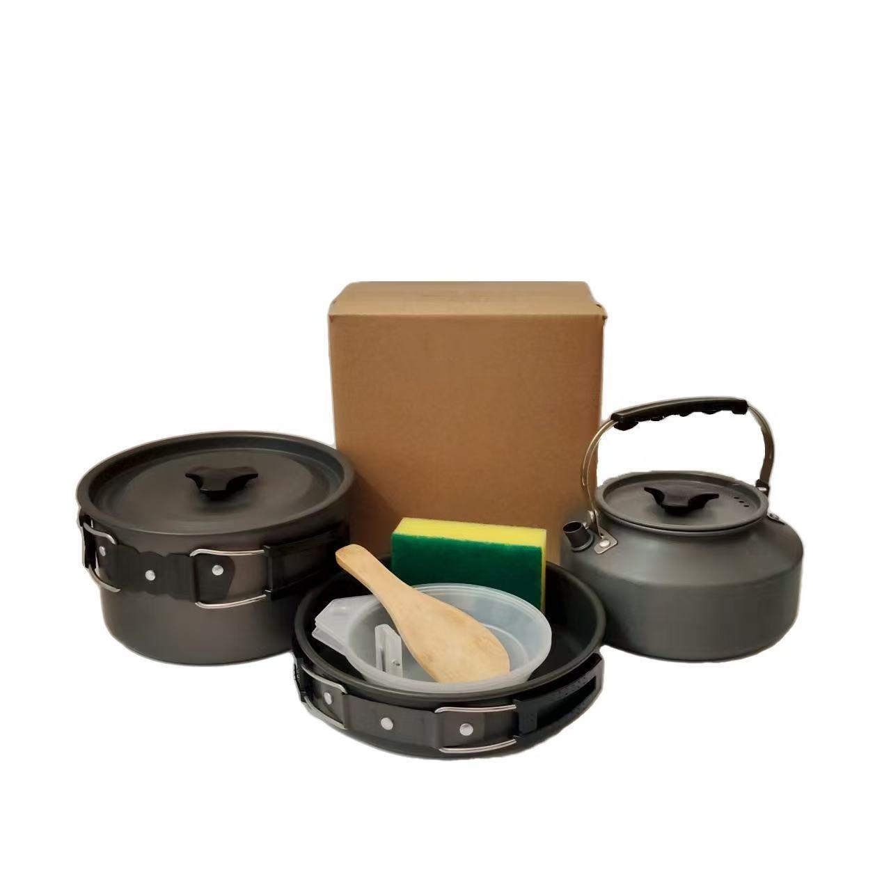 Outdoor Set of Three Pots and Accessories-2-3 Person Picnic Portable Cooking Set with Teapot for Outdoor Safety чёрный