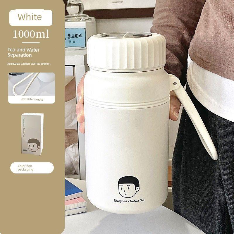 

1000ml Large Capacity Thermos Cup for Women, Stainless Steel Student Water Cup, High-Looking, Portable Cup with Handle for Men 1,000 ml Simple White-1L [Handle Style]