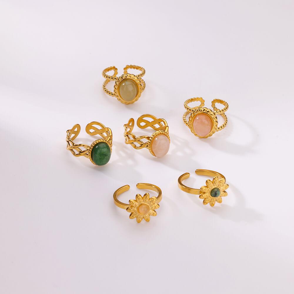 Oval Stone Open Rings For Women Men Gold Color Stainless Steel Sunflower Ring Wedding Engaement Jewelry Gift Bague