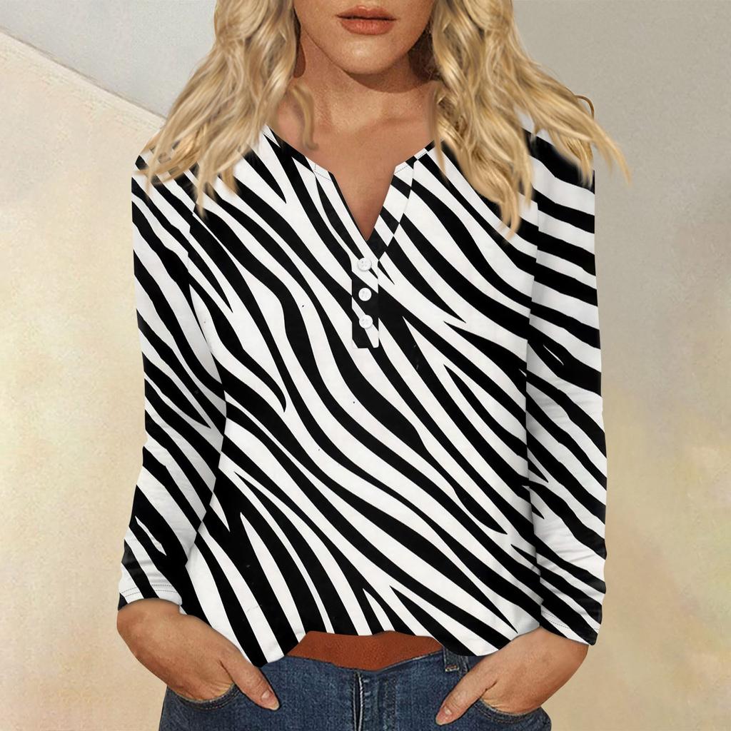 Women's Fashion Casual Printed V-neck Long Sleeve Button Up T-shirt Top