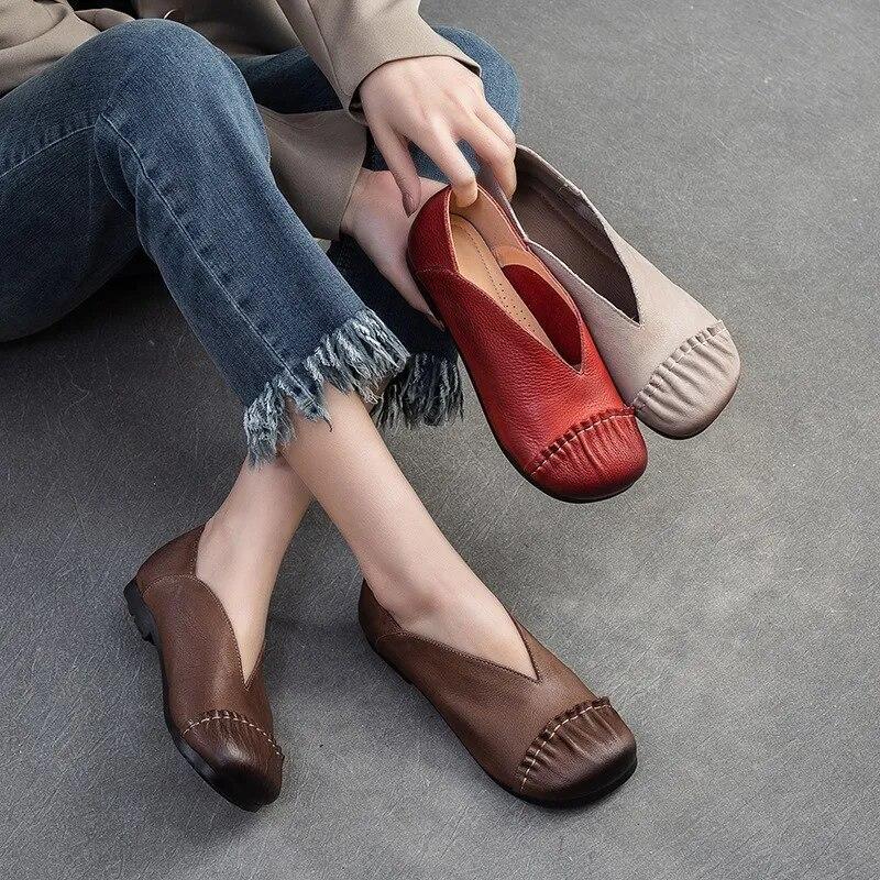 Johnature Zapatos planos retro de cuero genuino con punta redonda, suela suave, zapatos informales sin cordones de Color sólido para mujer