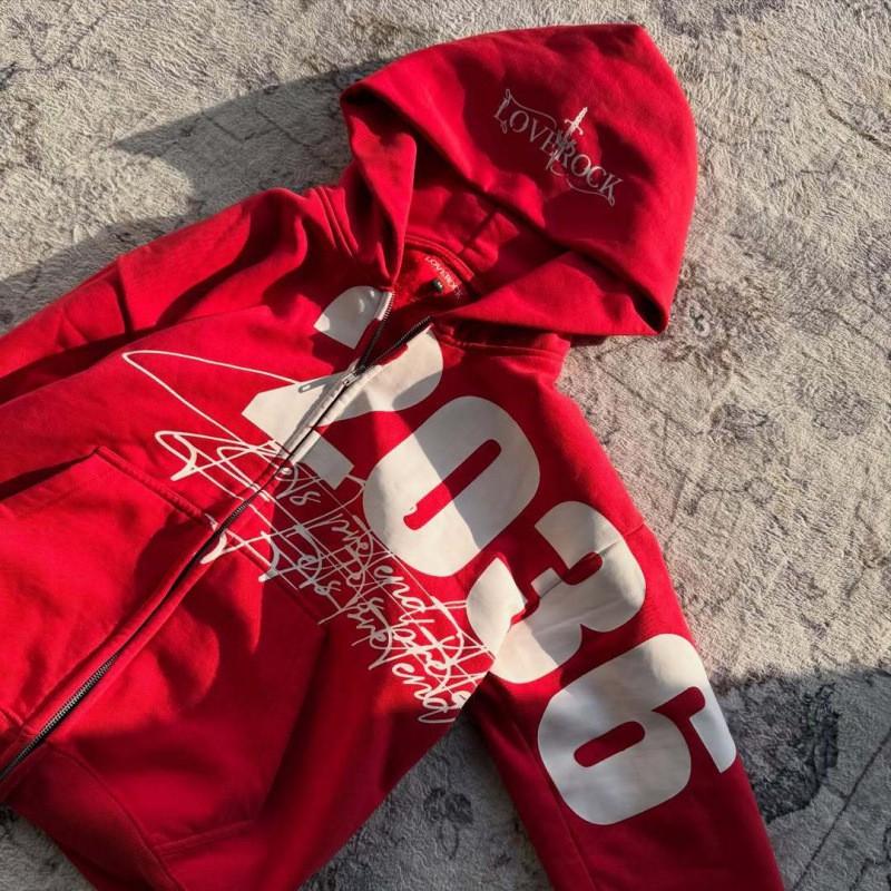 Red Zip-Up Hooded Sweatshirt Women Streetwear Oversized Casual Pullover Urban Hip Hop Style