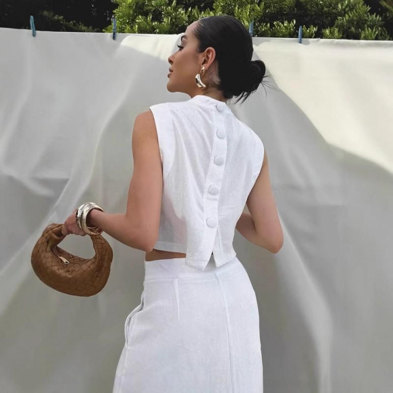 Womens 2025 Casual 2-Piece White Linen Cotton Maxi Dress Set Sleeveless Solid Color