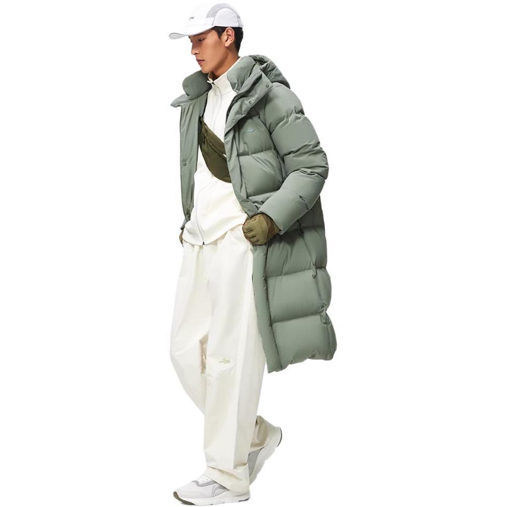 Li Ning Long Hooded Down Jacket With Large Logo Print On The Back Men Outerwear Gray-Green AYMT107-3