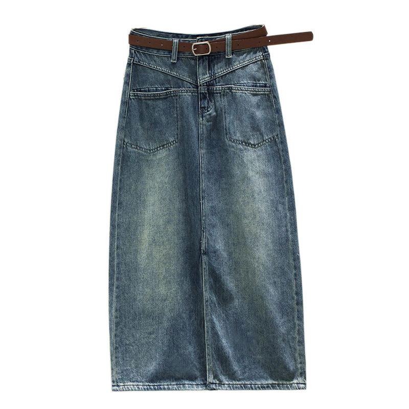 Elegant Woman Split Female Pear-shaped Design Pockets High Waist Thin Mid-length Package Hip Retro Versatile Comfortable Fashion Denim Bustier Skirt