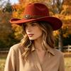 Retro Style Western Hat Unisex Cowboy Hat, Wool Felt Fedora with Faux Leather Casual Daily Wear Accessory Band, Wide Brim Cowgirl for Men Women