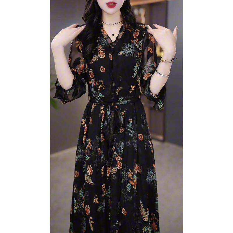 Women's Floral Chiffon Dress V-Neck Loog Sleeve Waist Tie Retro Elegant Midi Dress