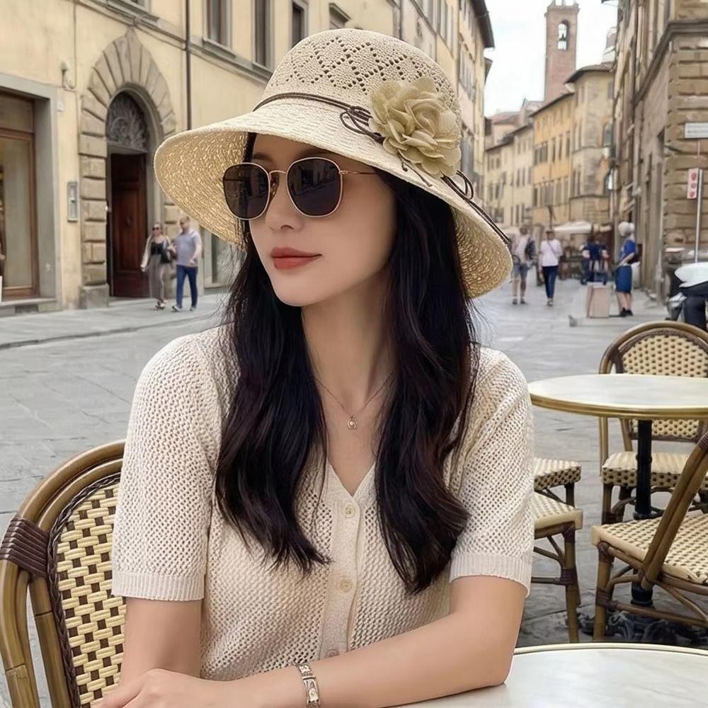 Flowers Decoration Beach Hat Foldable Design Bucket Hat Casual Straw Hat  Sun Protection