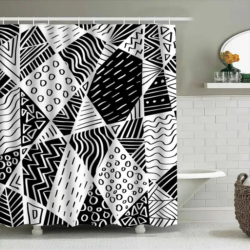 

~O~Black White Geometric Print Shower Curtain Modern Bathroom Decor Waterproof Fabric for Home Bathrooms Available in Various Si W90xH180cm