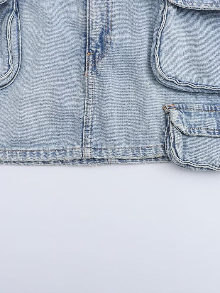 10644- Women's High-Waisted Denim A-Line Mini Skirt with Multi Pockets