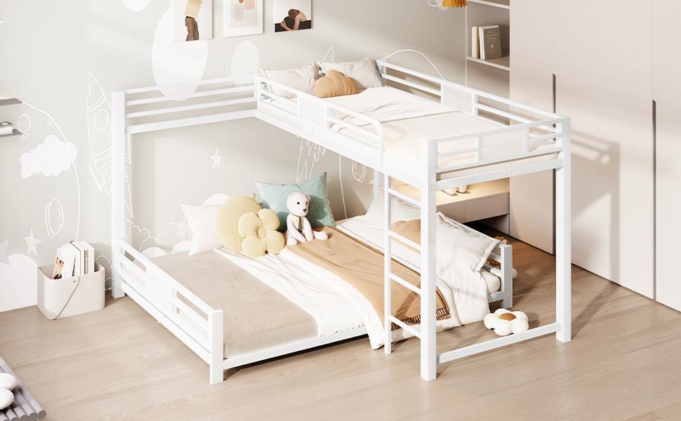 Letto a castello in metallo a L 90x200 sopra 140x200, Bianco