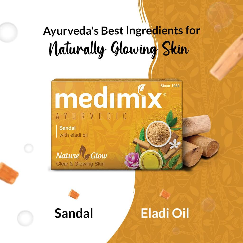Medimix Ayurvedic Sandal Bathing Bar 125g X 5 Soap| Gentle Cleansing Soap With Sandal & Eladi Oil For Natural Glow, Even Tone & Vibrant Skin