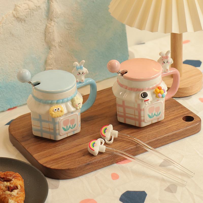 Kaninchen-Keramiktasse mit Deckellöffel, süße Tasse für Mädchen, hochwertiges Aussehen, Frühstück, Schlafsaal, Getränk, Paartasse, Geschenk, Heimdekoration