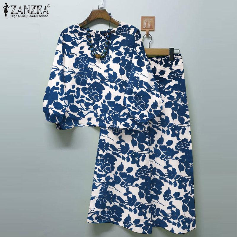 

ZANZEA Женская блузка с рукавами 3/4 и широкие брюки повседневный комплект из двух предметов S синий