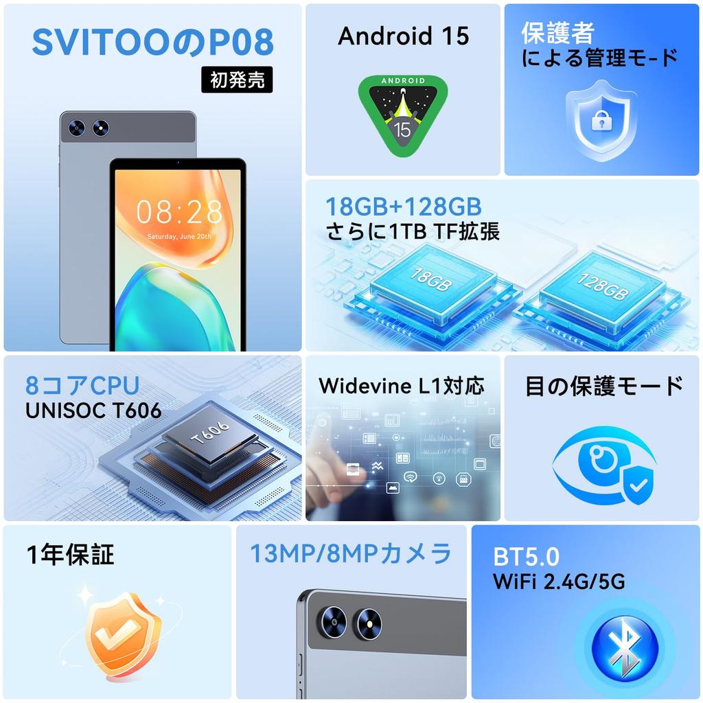 Gift Android 15 TF Widevine IPS Wireless Face Child P08 Tablet [Free Case] 8-inch Tablet, WIFI, 18GB+128GB+1TB Card, L1, 8-Core CPU, 5500mAh, GMS,