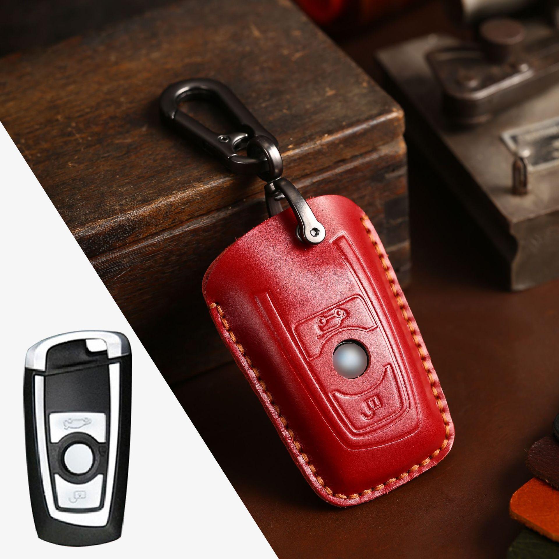 

Роскошный кожаный чехол для ключей HALLMO ручной работы для BMW RED 2 Buttons красный