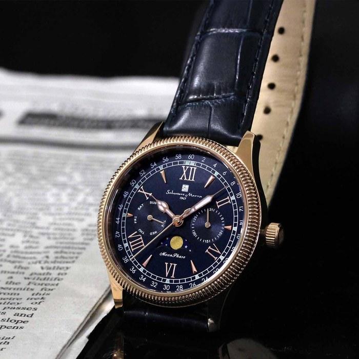 [Salvatore Marra] Watch Moon Phase Multi-Calendar 50m Waterproof Business Formal Men's Leather Strap Limited Edition Pink Gold Blue