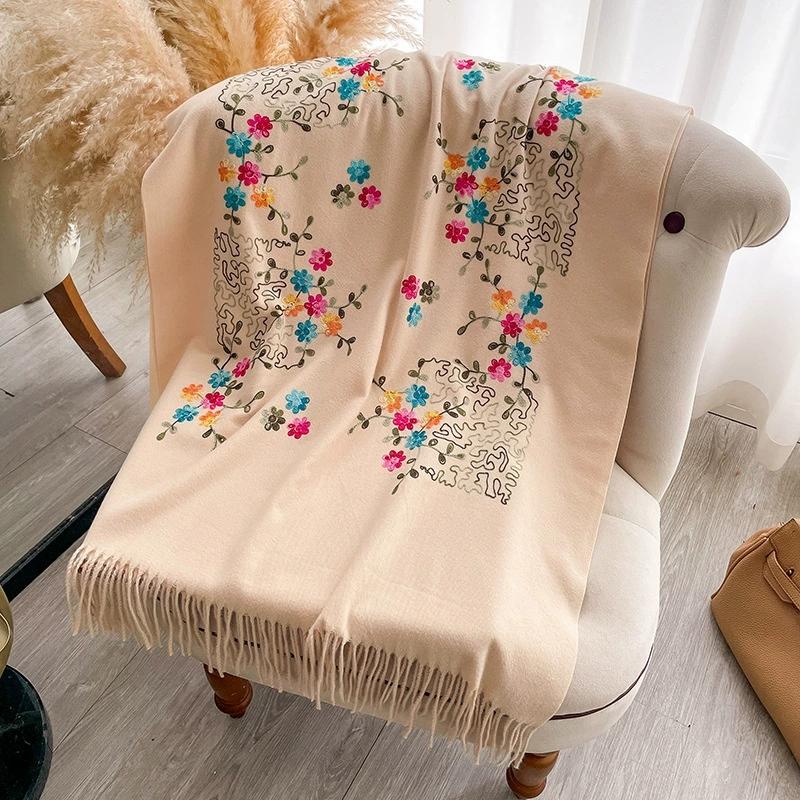 Women Winter Warm Faux Cashmere Scarf Long Winter Embroidered Floral Pattern Cold-Proof Shawls And Wraps
