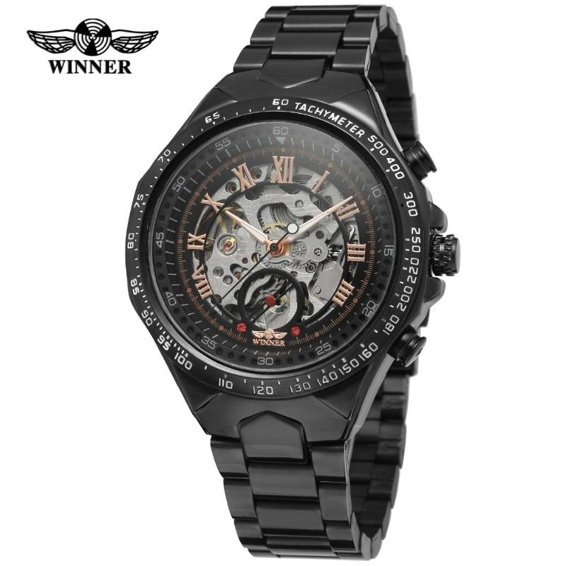 WINNER WINNER Men's Personality Fashion Gold Half Steel Hollow Semi-Automatic Mechanical Watch