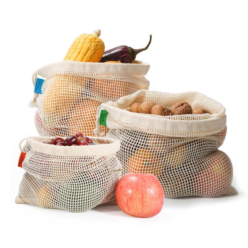 1Pc Eco Reusable Cotton Edging Mesh Supermarket Shopping Bags Kitchen Food Organizer Drawstring