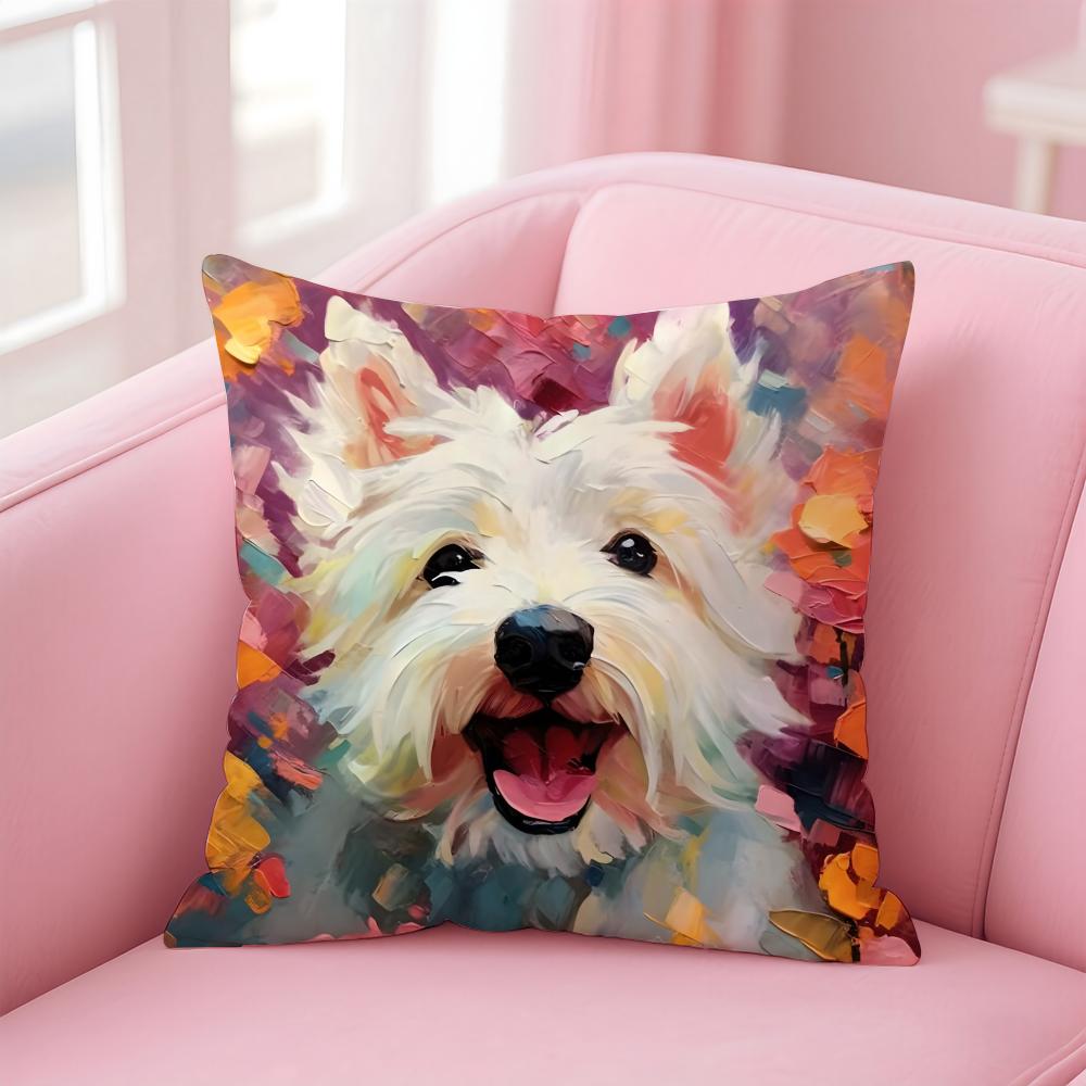 Oil Painting Of Cute Pet Dog Cushion Cover Linen Pillowcase Cover Soft Decor for Sofa Home Room