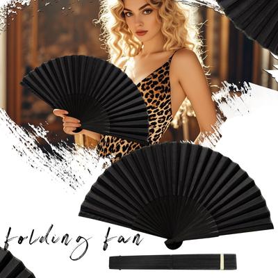 Black Folding Hand Crank Classical Fan Silk Fabric Ribs Handheld Chinese/Spanish Folding Fan For Wedding, Party Favors, Performances, Dance, Home