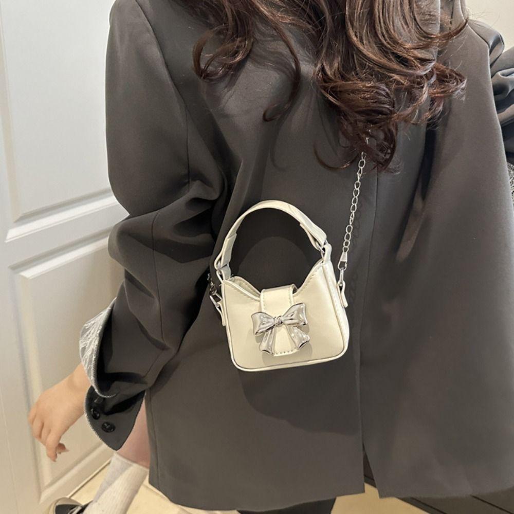 Handbag Silver Bucket Bag Pu Leather Women's Shoulder Bag Simple Bow Buckle PU Bag  Makeup Bag