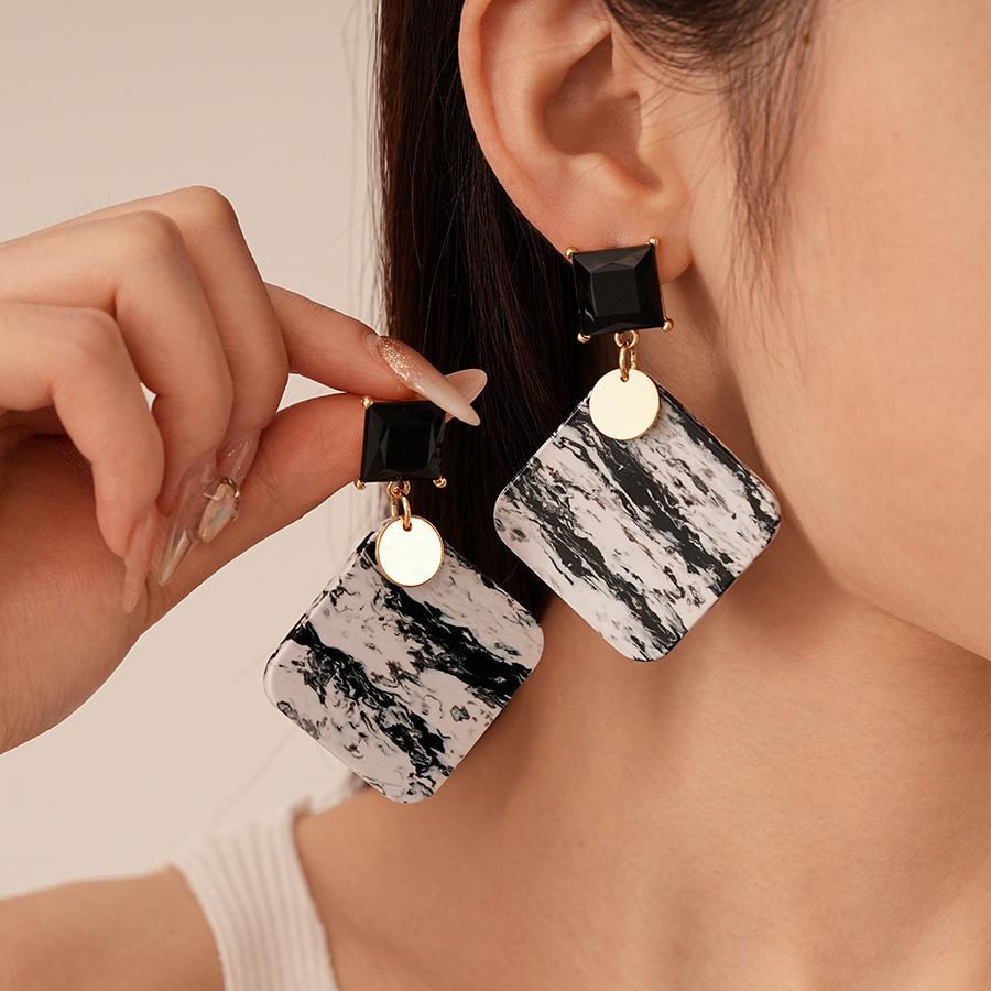 Vintage Acrylic with Diamonds Square Geometric Silver Needle Earrings Niche Earrings