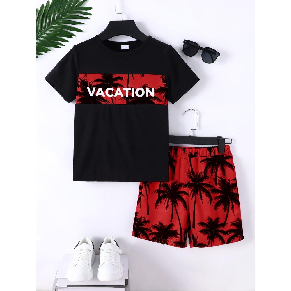 Boy s casual coconut tree print short sleeved and shorts set 150