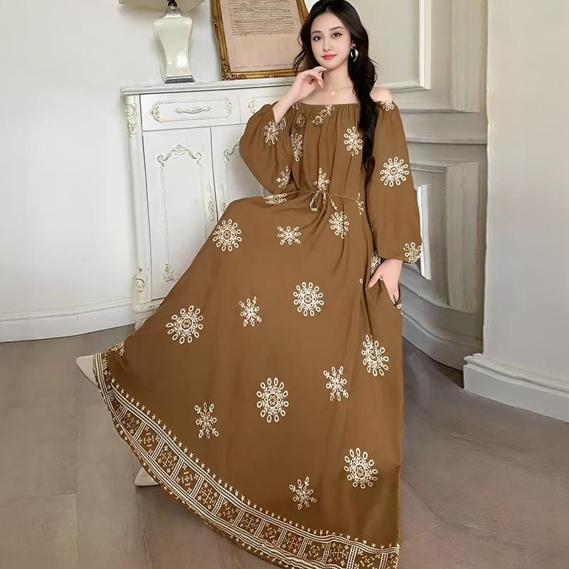 Fattened extra large size floral long-sleeved dress 100kg fat girl long dress one-word shoulder loose maternity dress