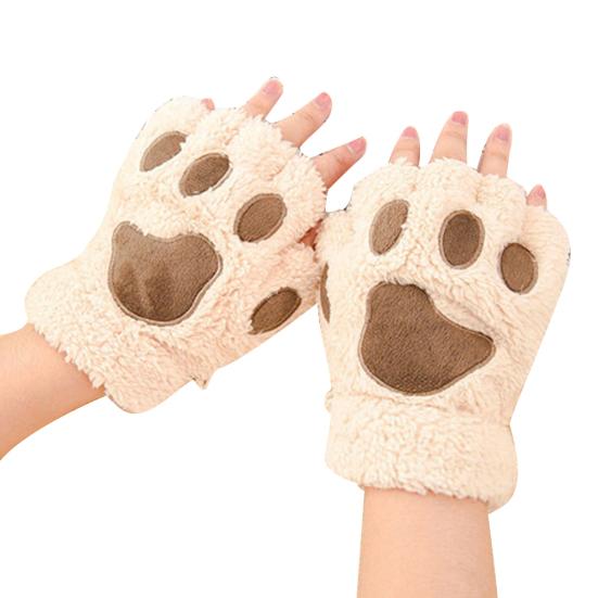 Winter Girl Cute Bear Cats Claw Cashmere Neck Hanging Half Finger Gloves Mittens